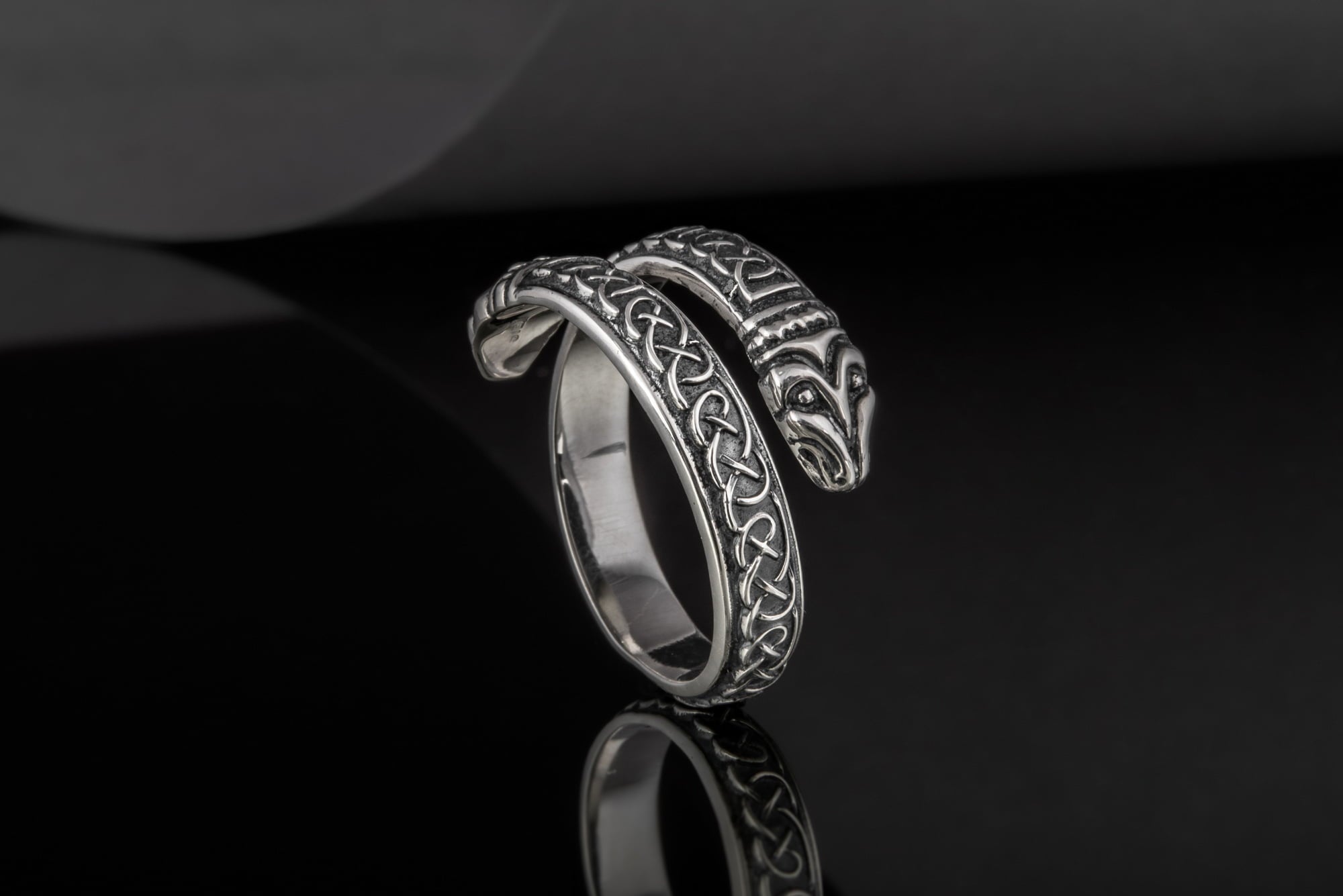 Jormungand Ring with Viking Ornament Sterling Silver Viking Jewelry - vikingworkshop