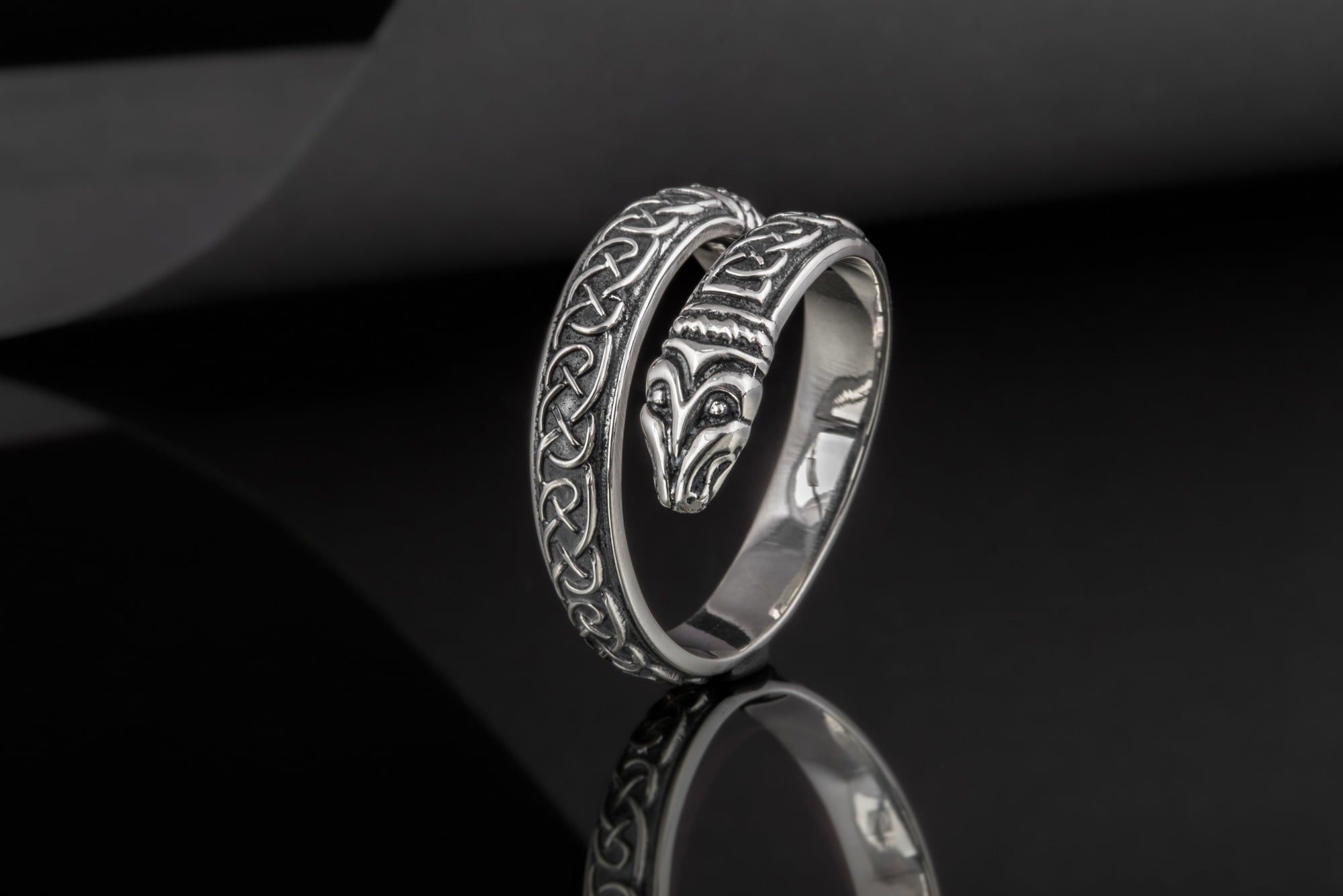 Jormungand Ring with Viking Ornament Sterling Silver Viking Jewelry - vikingworkshop