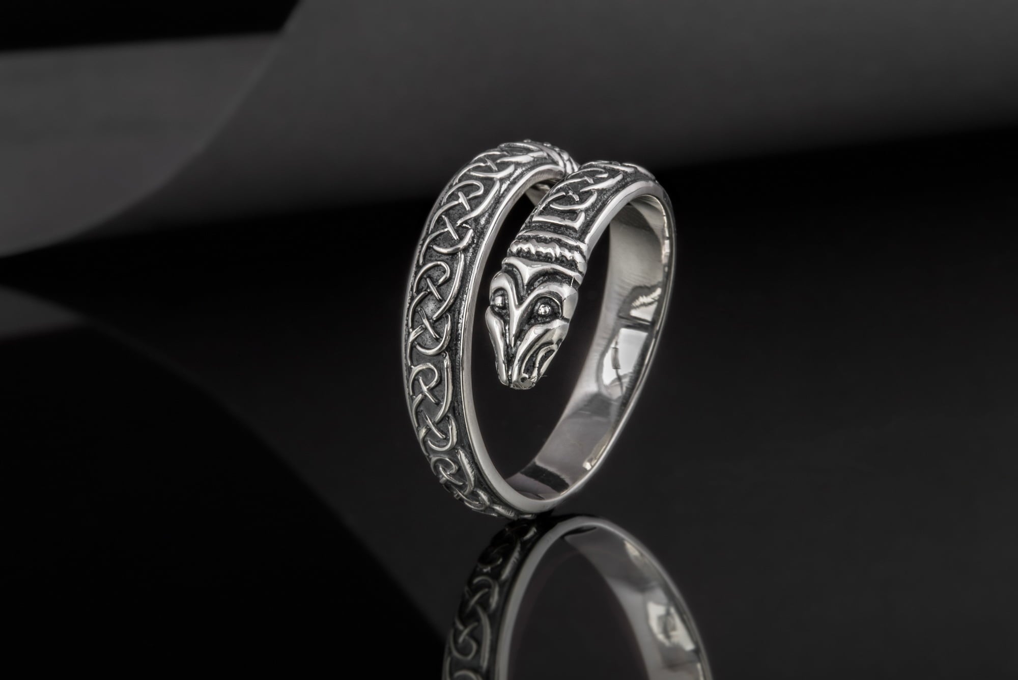 Jormungand Ring with Viking Ornament Sterling Silver Viking Jewelry - vikingworkshop