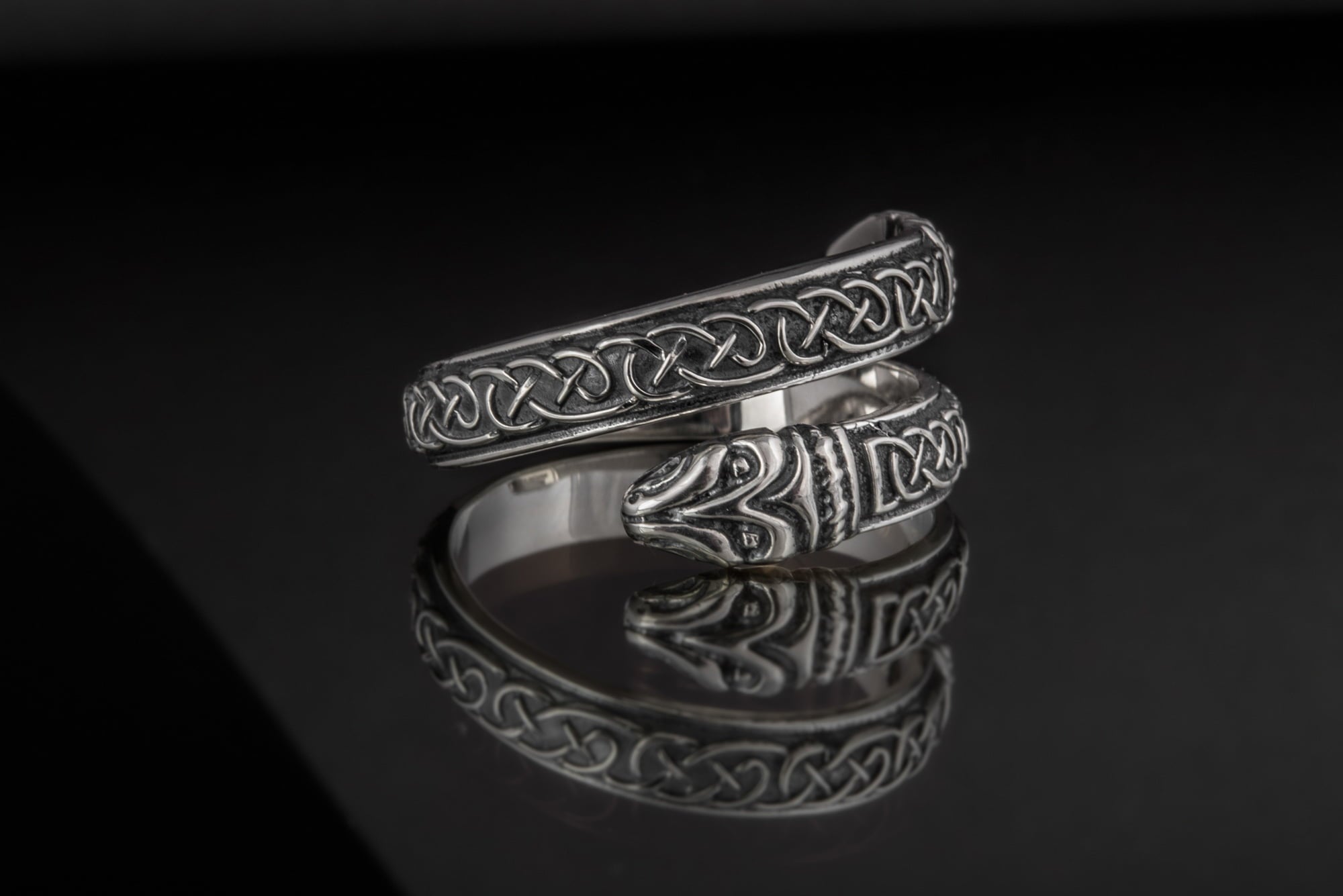 Jormungand Ring with Viking Ornament Sterling Silver Viking Jewelry - vikingworkshop