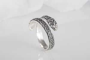 Jormungand Ring with Viking Ornament Sterling Silver Viking Jewelry - vikingworkshop