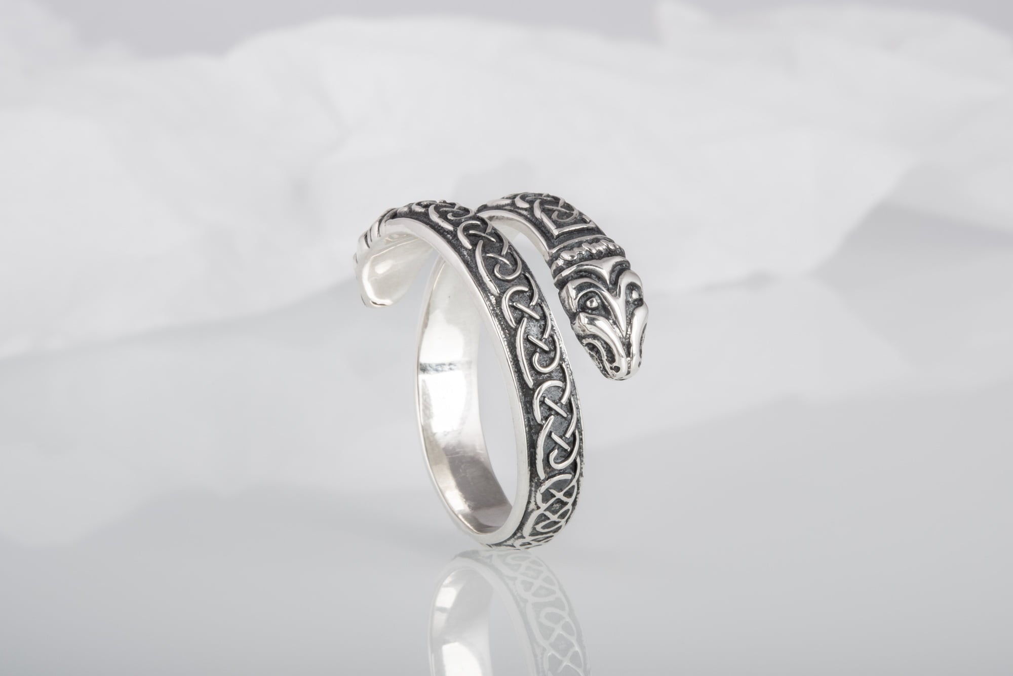 Jormungand Ring with Viking Ornament Sterling Silver Viking Jewelry - vikingworkshop