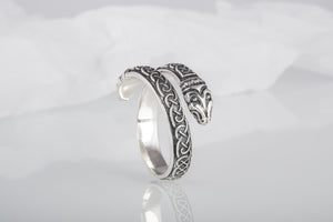 Jormungand Ring with Viking Ornament Sterling Silver Viking Jewelry - vikingworkshop