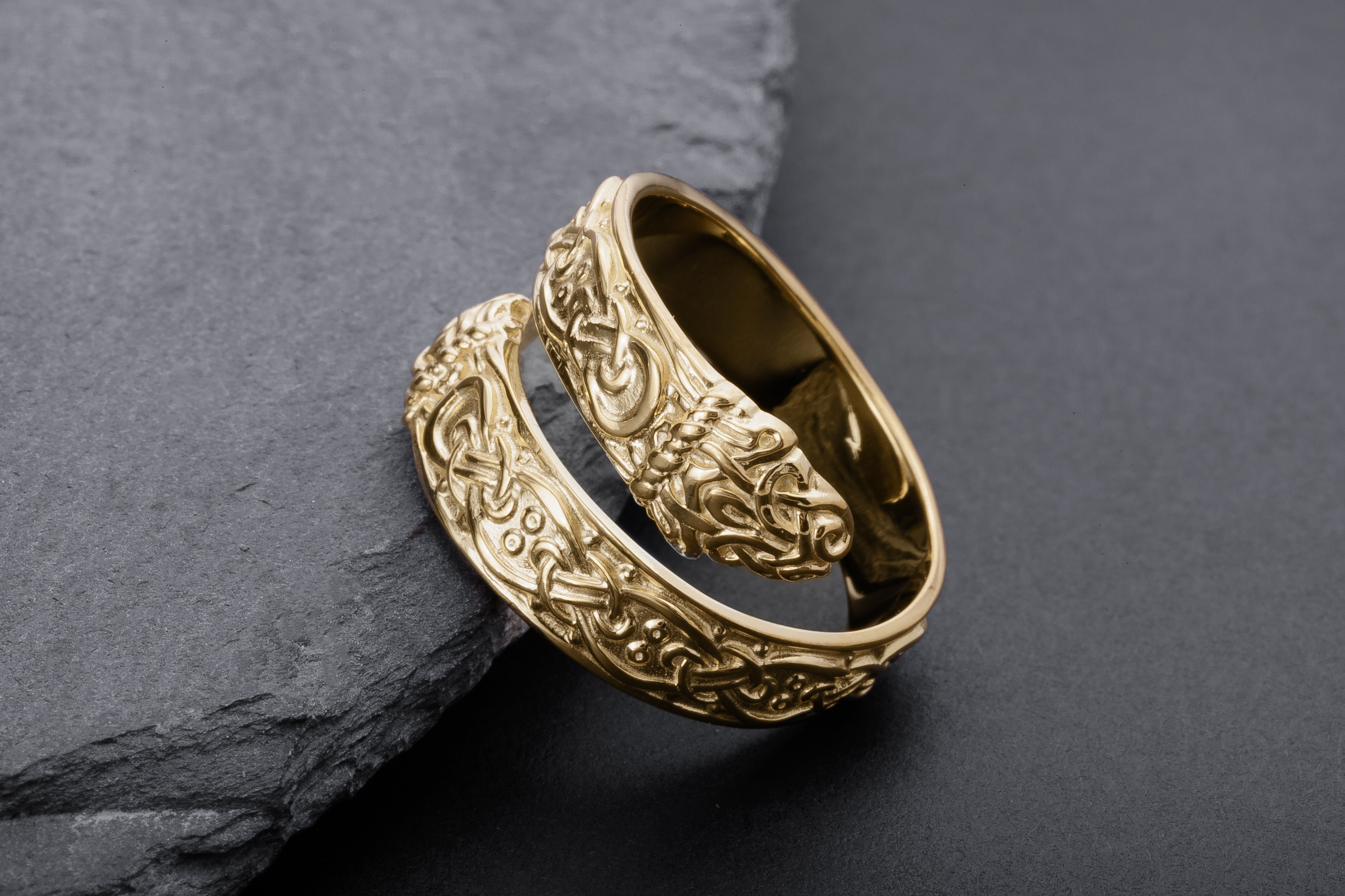 14K Ouroboros Ring with Viking Ornament Norse Jewelry - vikingworkshop