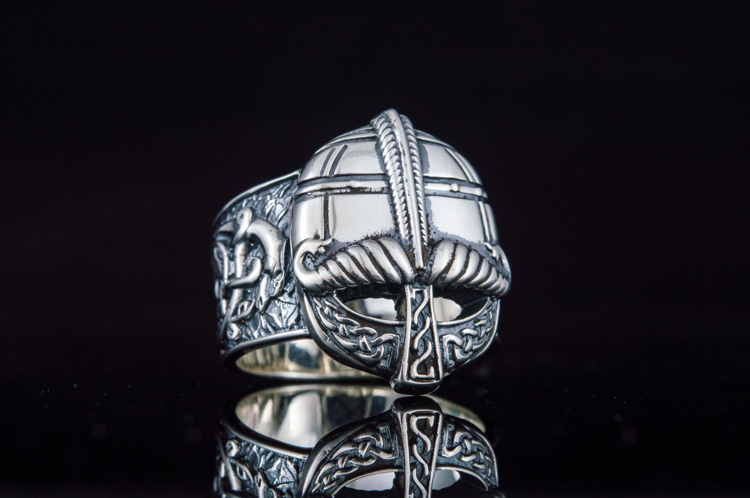 Viking Helmet with Ornament Sterling Silver Unique Ring - vikingworkshop