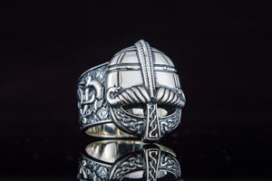 Viking Helmet with Ornament Sterling Silver Unique Ring - vikingworkshop