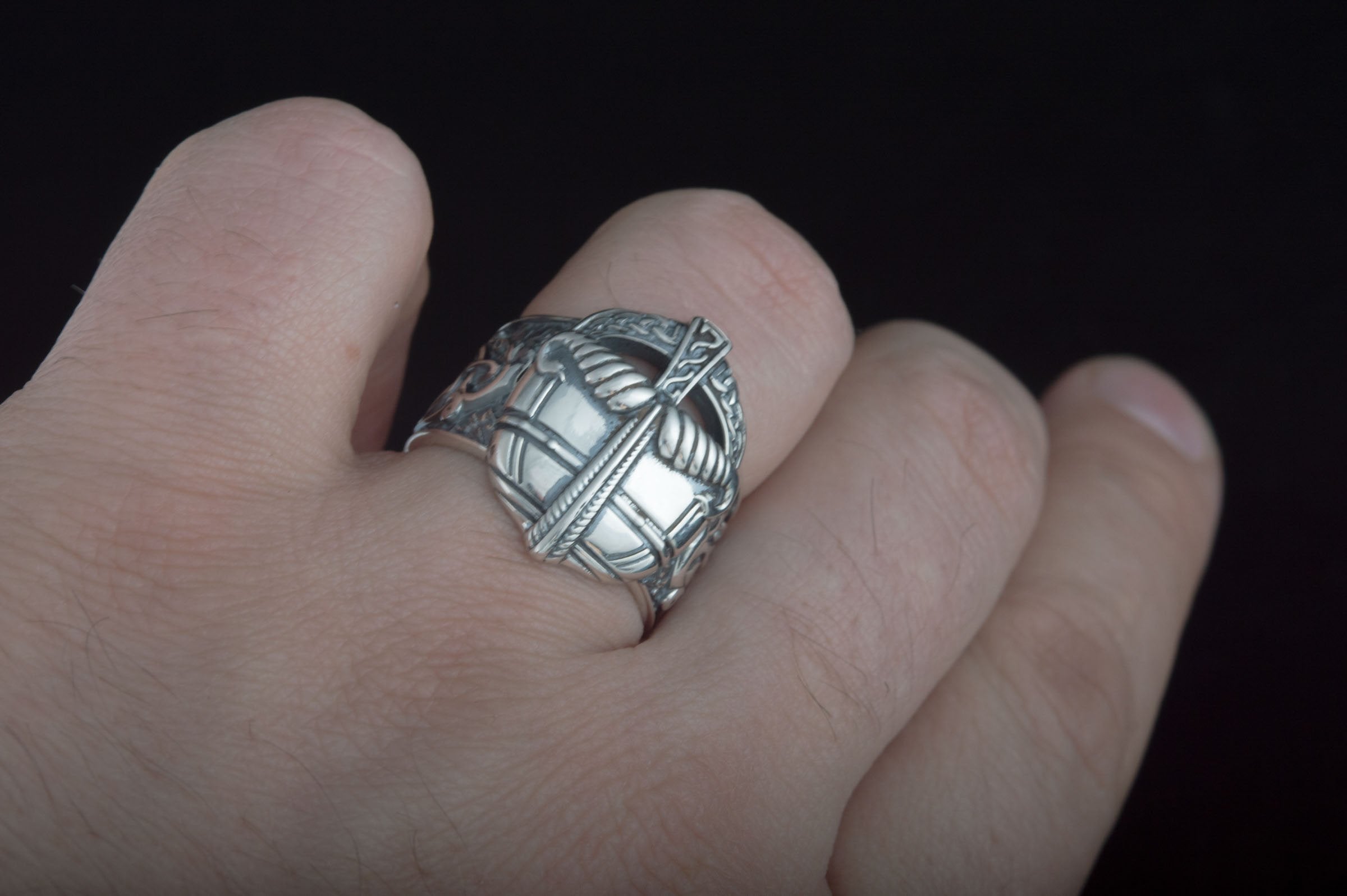 Viking Helmet with Ornament Sterling Silver Unique Ring - vikingworkshop