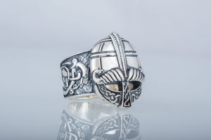 Viking Helmet with Ornament Sterling Silver Unique Ring - vikingworkshop