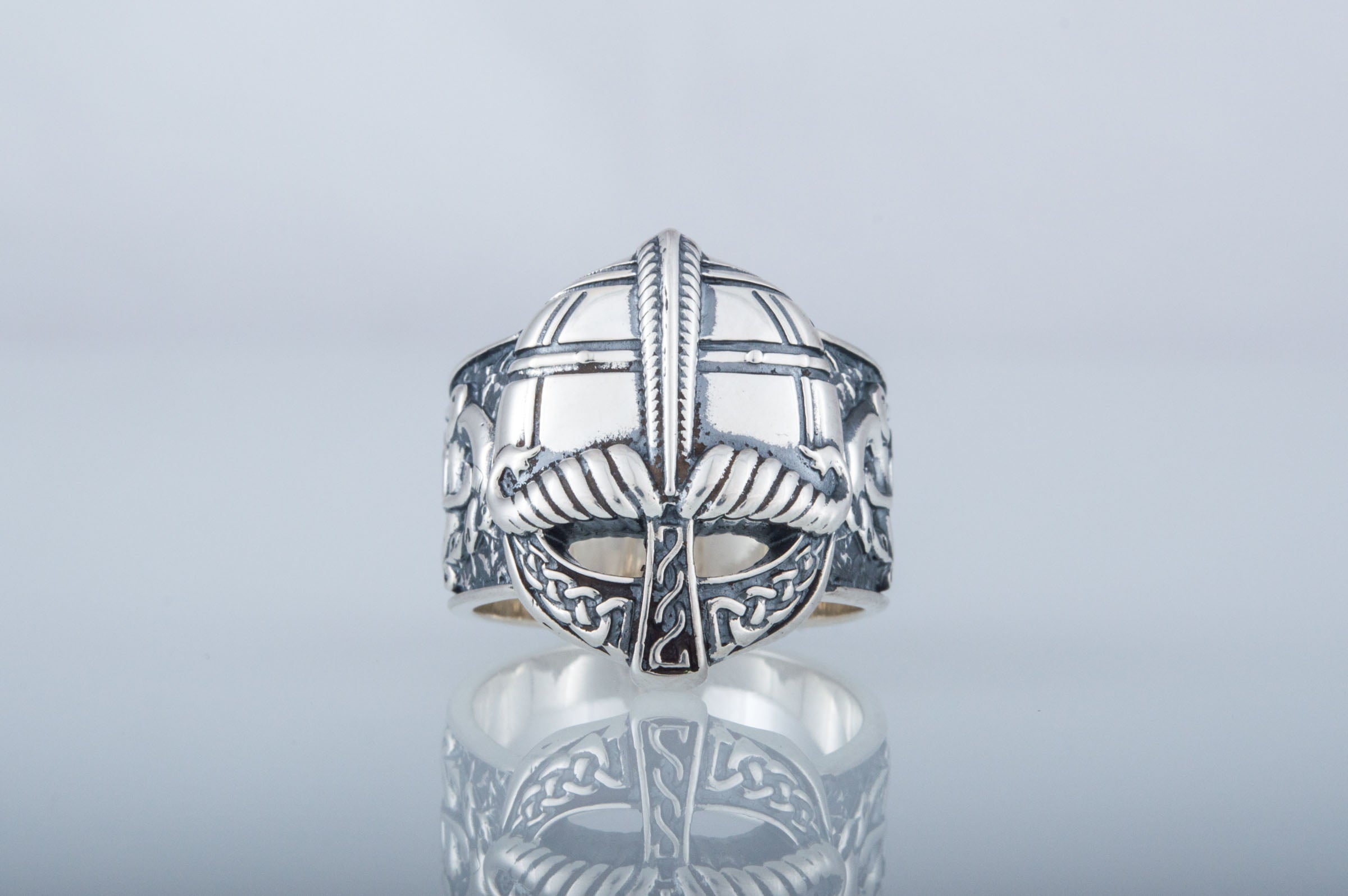 Viking Helmet with Ornament Sterling Silver Unique Ring - vikingworkshop