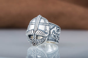 Viking Helmet with Ornament Sterling Silver Unique Ring - vikingworkshop