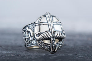 Viking Helmet with Ornament Sterling Silver Unique Ring - vikingworkshop