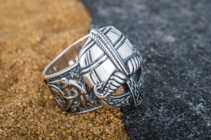 Viking Helmet with Ornament Sterling Silver Unique Ring - vikingworkshop