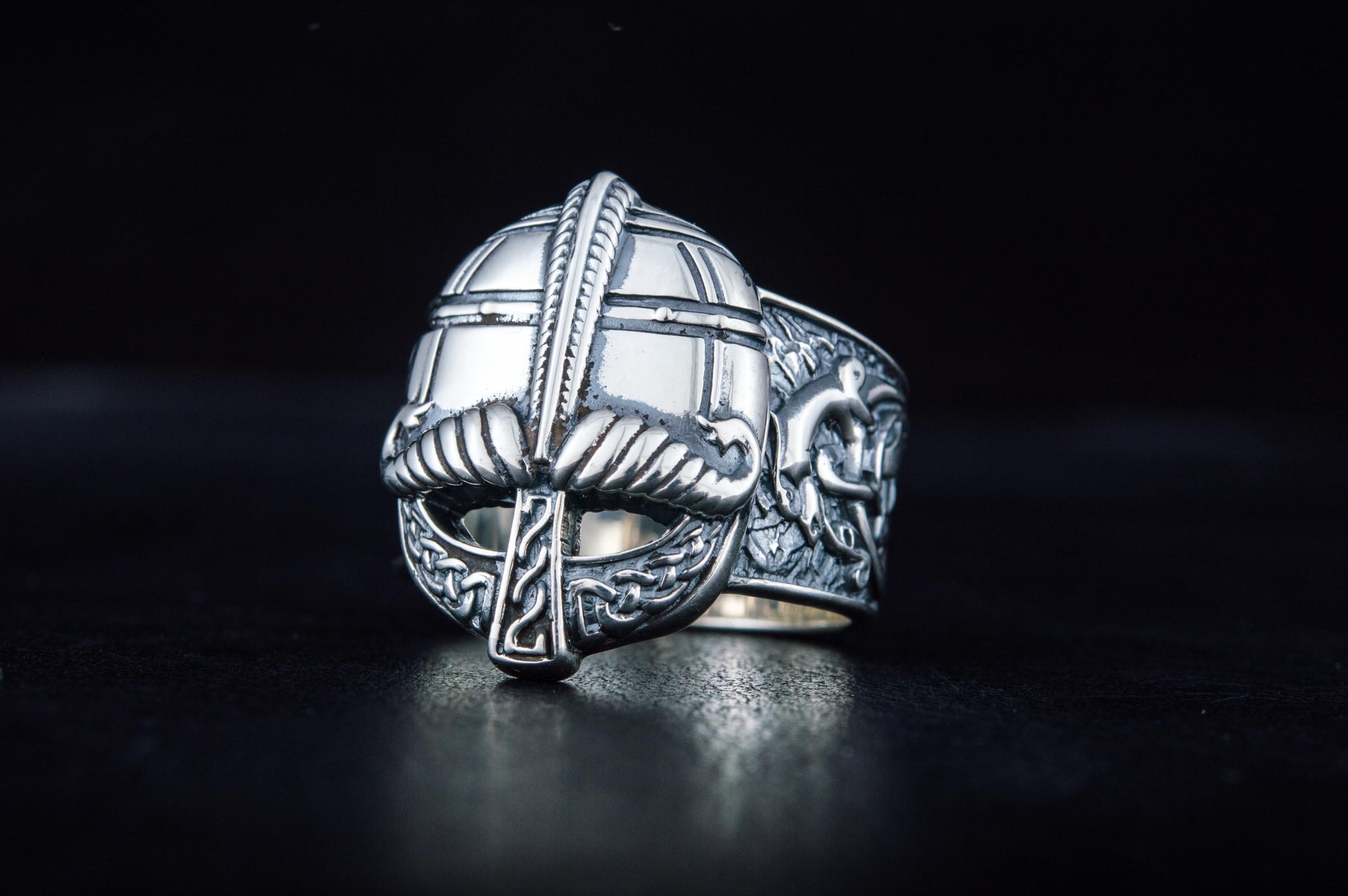 Viking Helmet with Ornament Sterling Silver Unique Ring - vikingworkshop