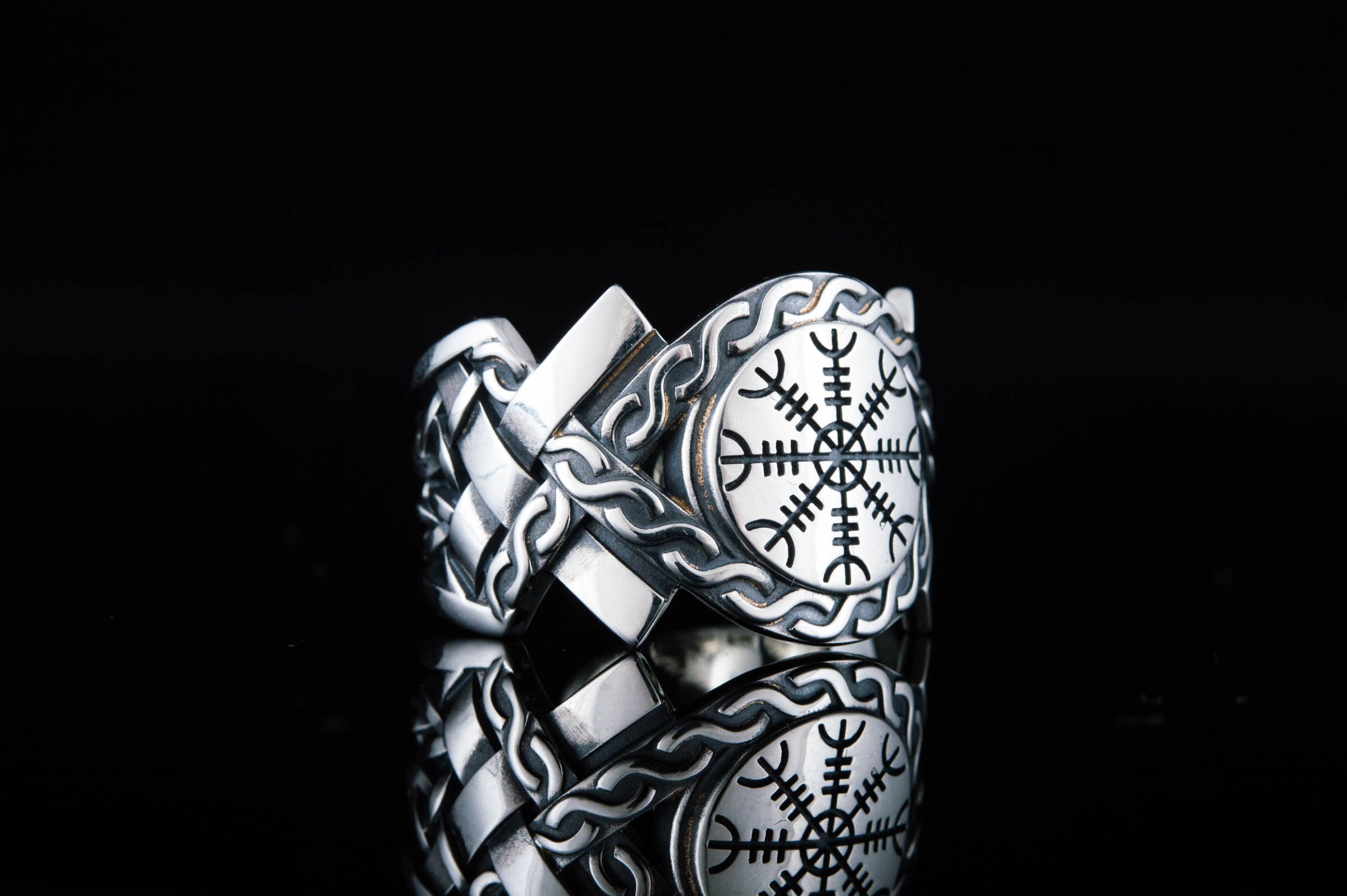 Helm of Awe Symbol with Norse Ornament Ring Sterling SIlver Viking Jewelry - vikingworkshop