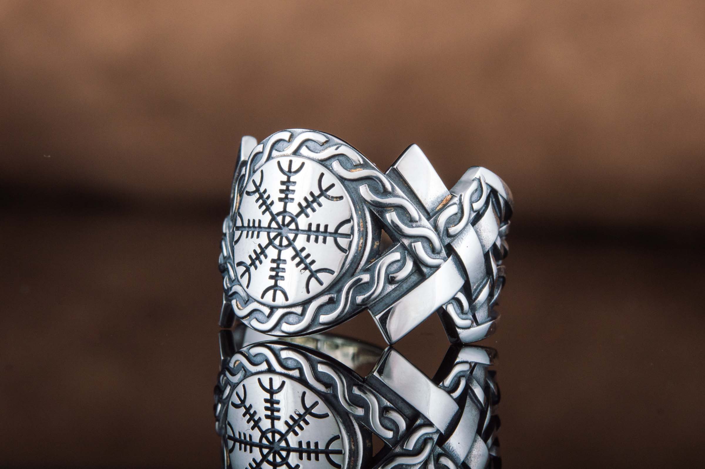 Helm of Awe Symbol with Norse Ornament Ring Sterling SIlver Viking Jewelry - vikingworkshop