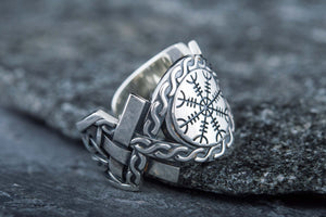 Helm of Awe Symbol with Norse Ornament Ring Sterling SIlver Viking Jewelry - vikingworkshop