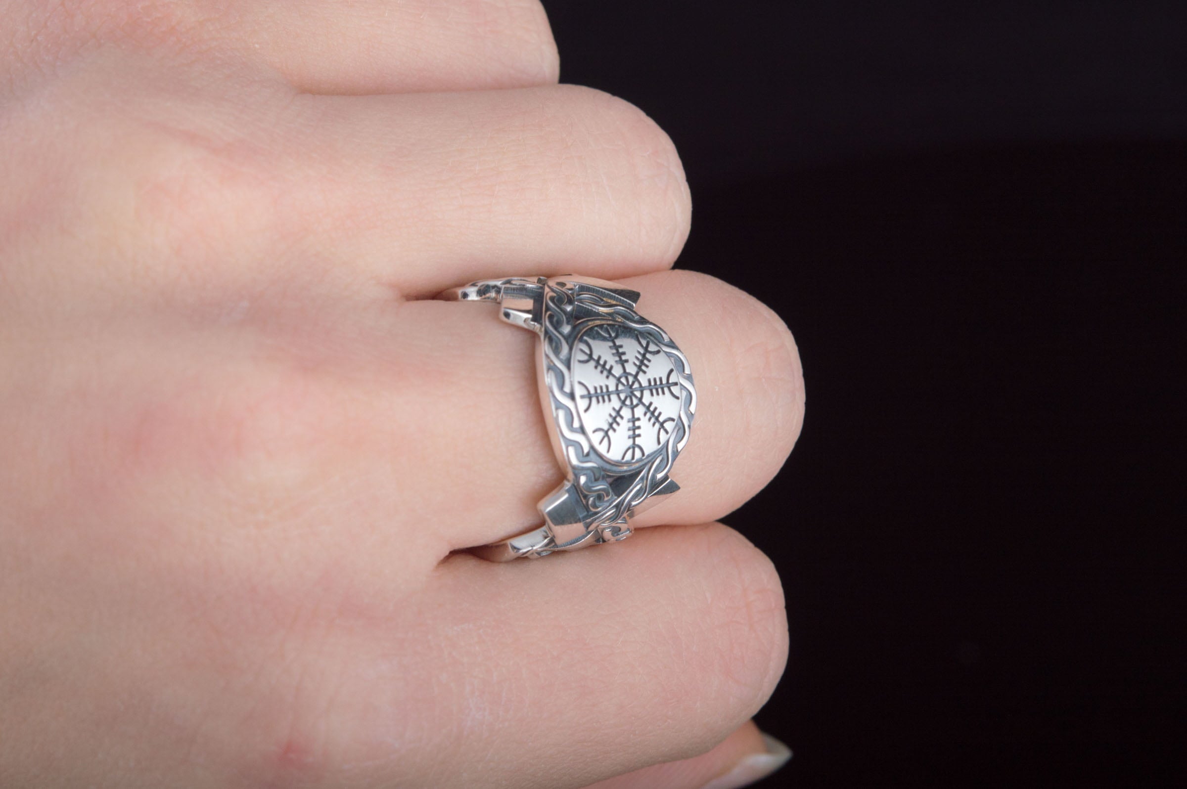 Helm of Awe Symbol with Norse Ornament Ring Sterling SIlver Viking Jewelry - vikingworkshop