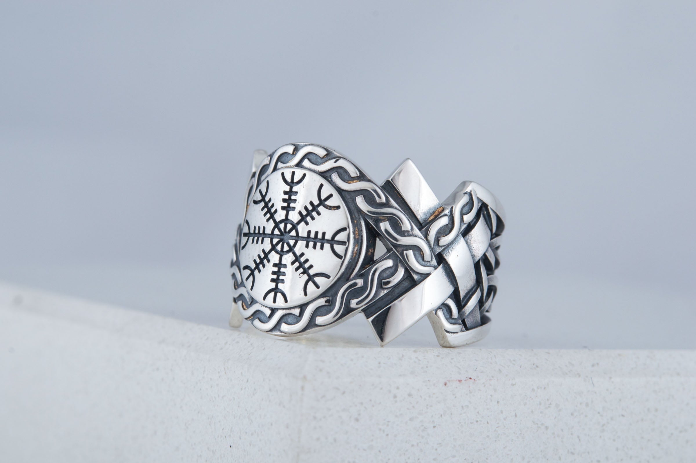 Helm of Awe Symbol with Norse Ornament Ring Sterling SIlver Viking Jewelry - vikingworkshop