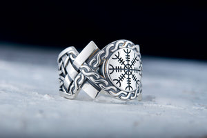 Helm of Awe Symbol with Norse Ornament Ring Sterling SIlver Viking Jewelry - vikingworkshop