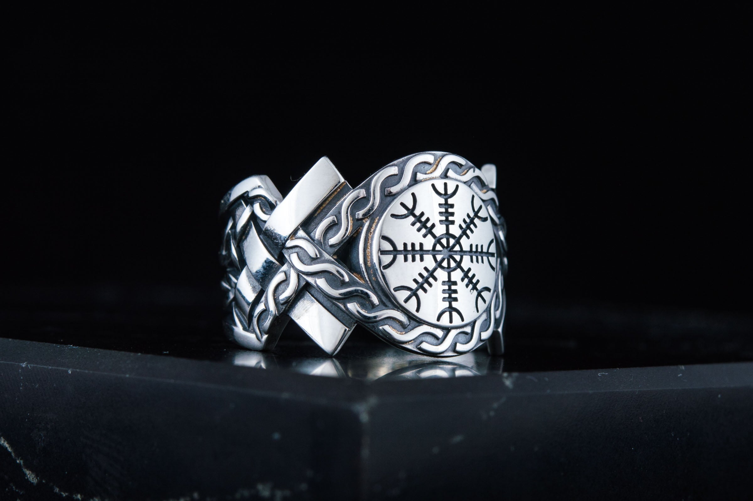 Helm of Awe Symbol with Norse Ornament Ring Sterling SIlver Viking Jewelry - vikingworkshop