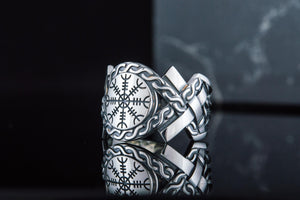 Helm of Awe Symbol with Norse Ornament Ring Sterling SIlver Viking Jewelry - vikingworkshop