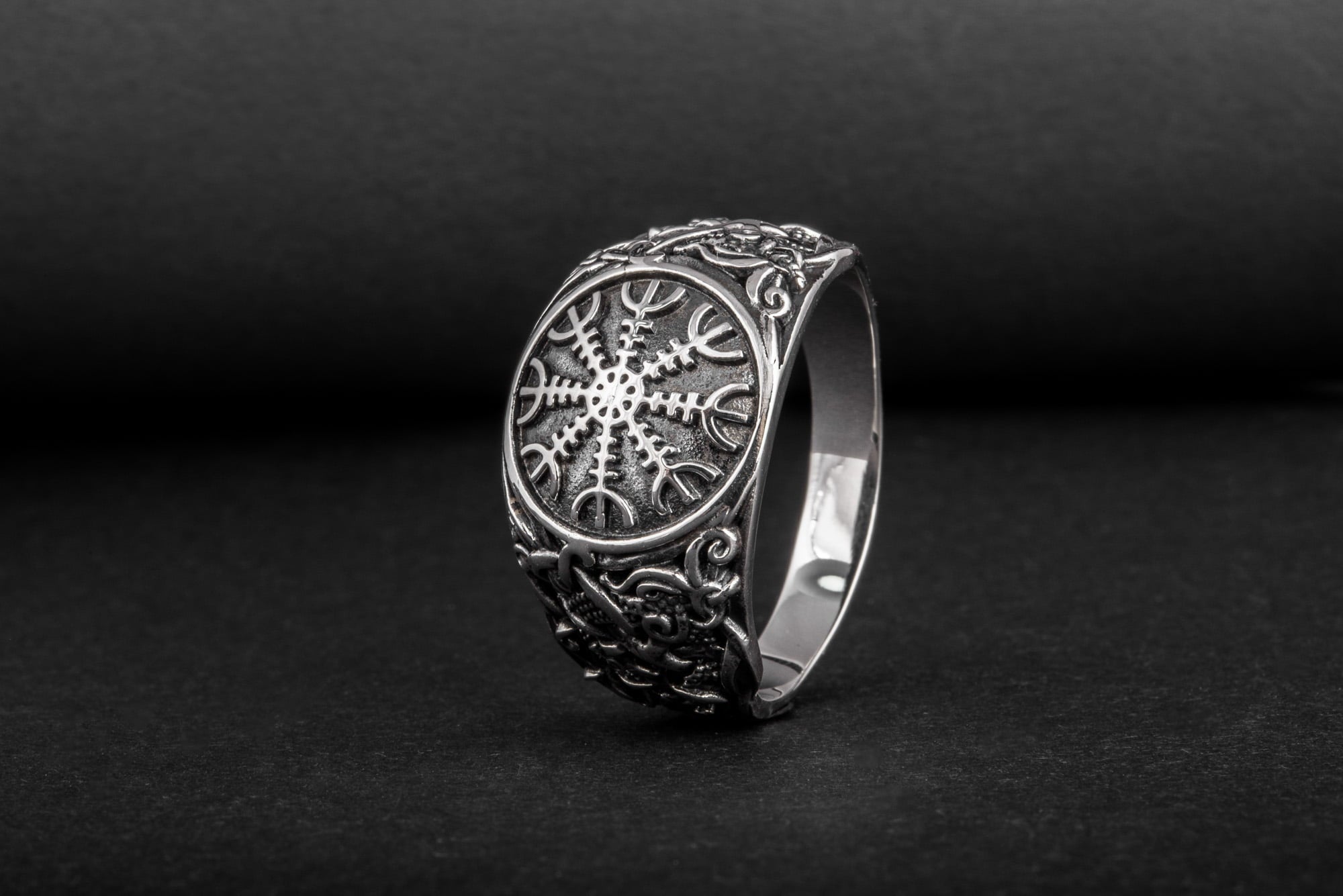 Helm of Awe Ring with Mammen Ornament Sterling Silver Viking Jewelry - vikingworkshop