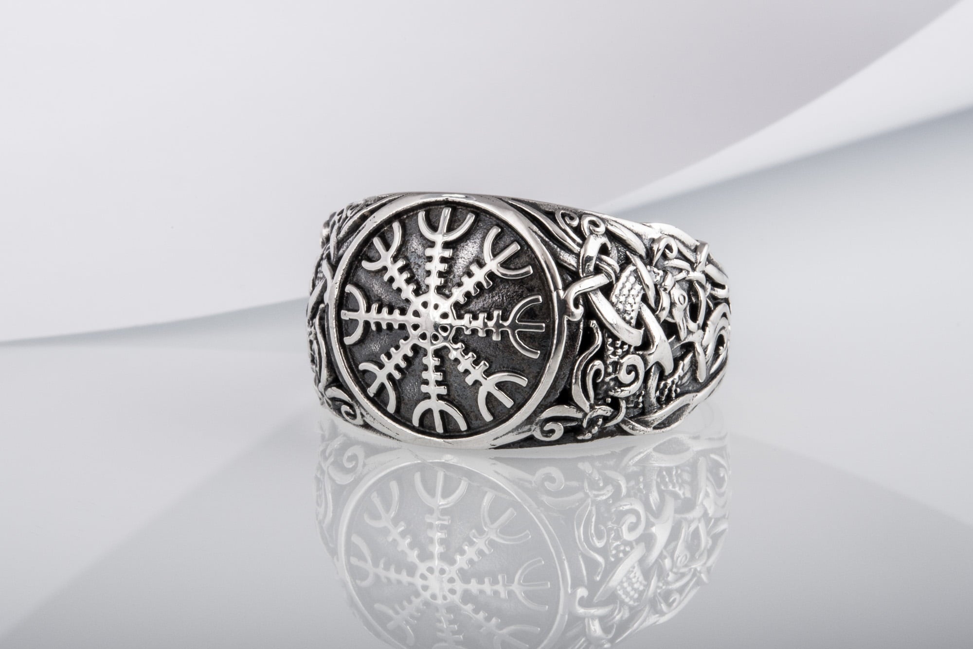 Helm of Awe Ring with Mammen Ornament Sterling Silver Viking Jewelry - vikingworkshop