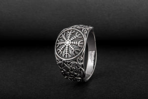 Helm of Awe Ring with Mammen Ornament Sterling Silver Viking Jewelry - vikingworkshop