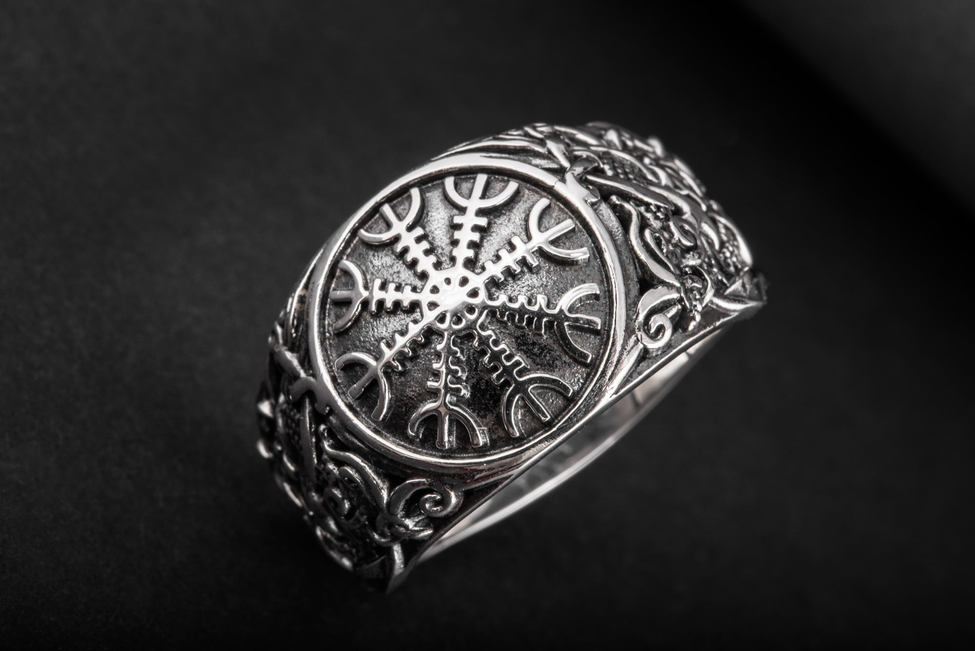 Helm of Awe Ring with Mammen Ornament Sterling Silver Viking Jewelry - vikingworkshop