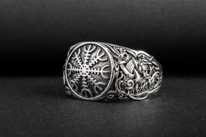 Helm of Awe Ring with Mammen Ornament Sterling Silver Viking Jewelry - vikingworkshop