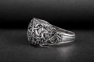 Helm of Awe Ring with Mammen Ornament Sterling Silver Viking Jewelry - vikingworkshop