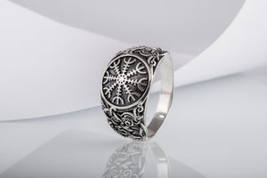 Helm of Awe Ring with Mammen Ornament Sterling Silver Viking Jewelry - vikingworkshop