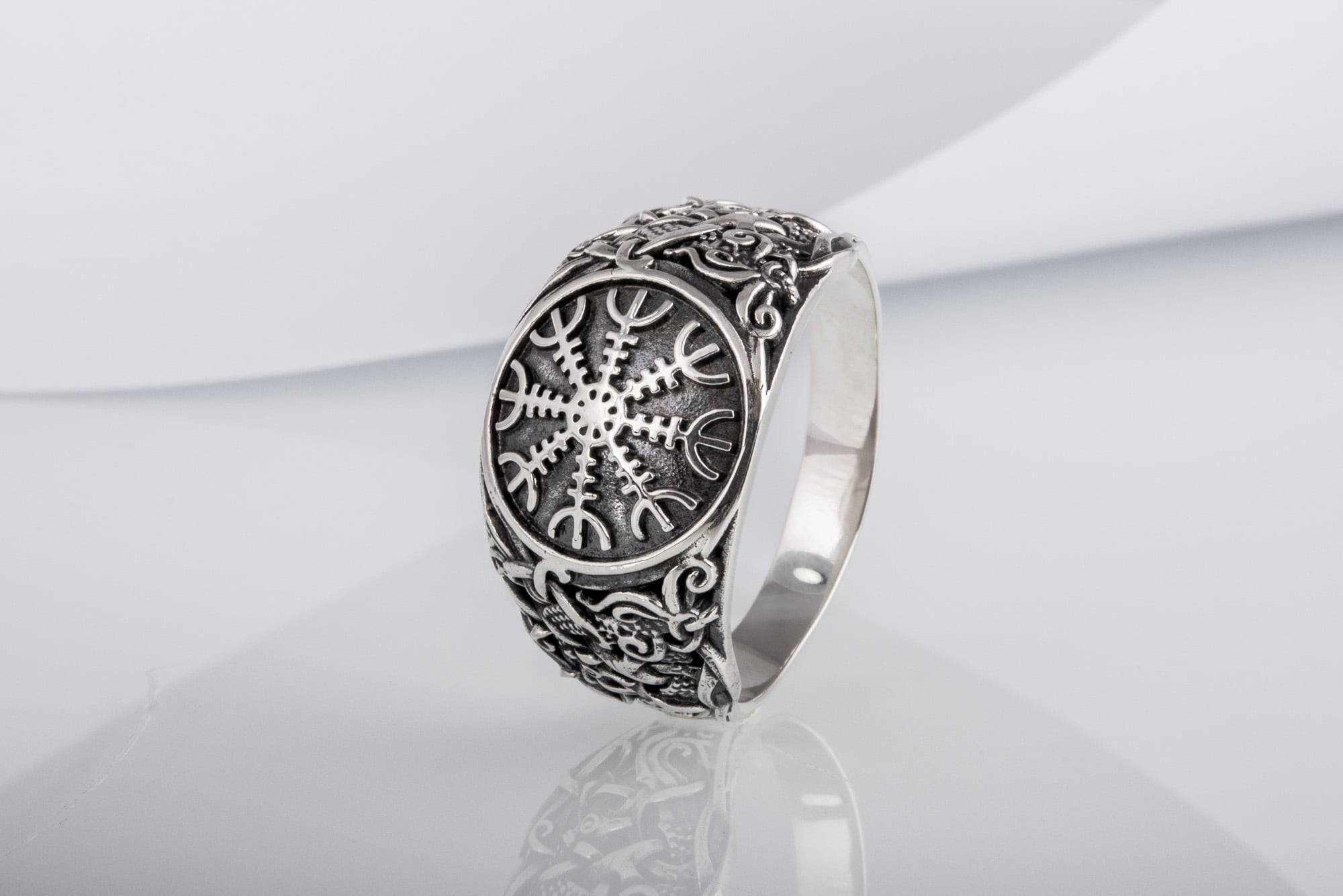 Helm of Awe Ring with Mammen Ornament Sterling Silver Viking Jewelry - vikingworkshop