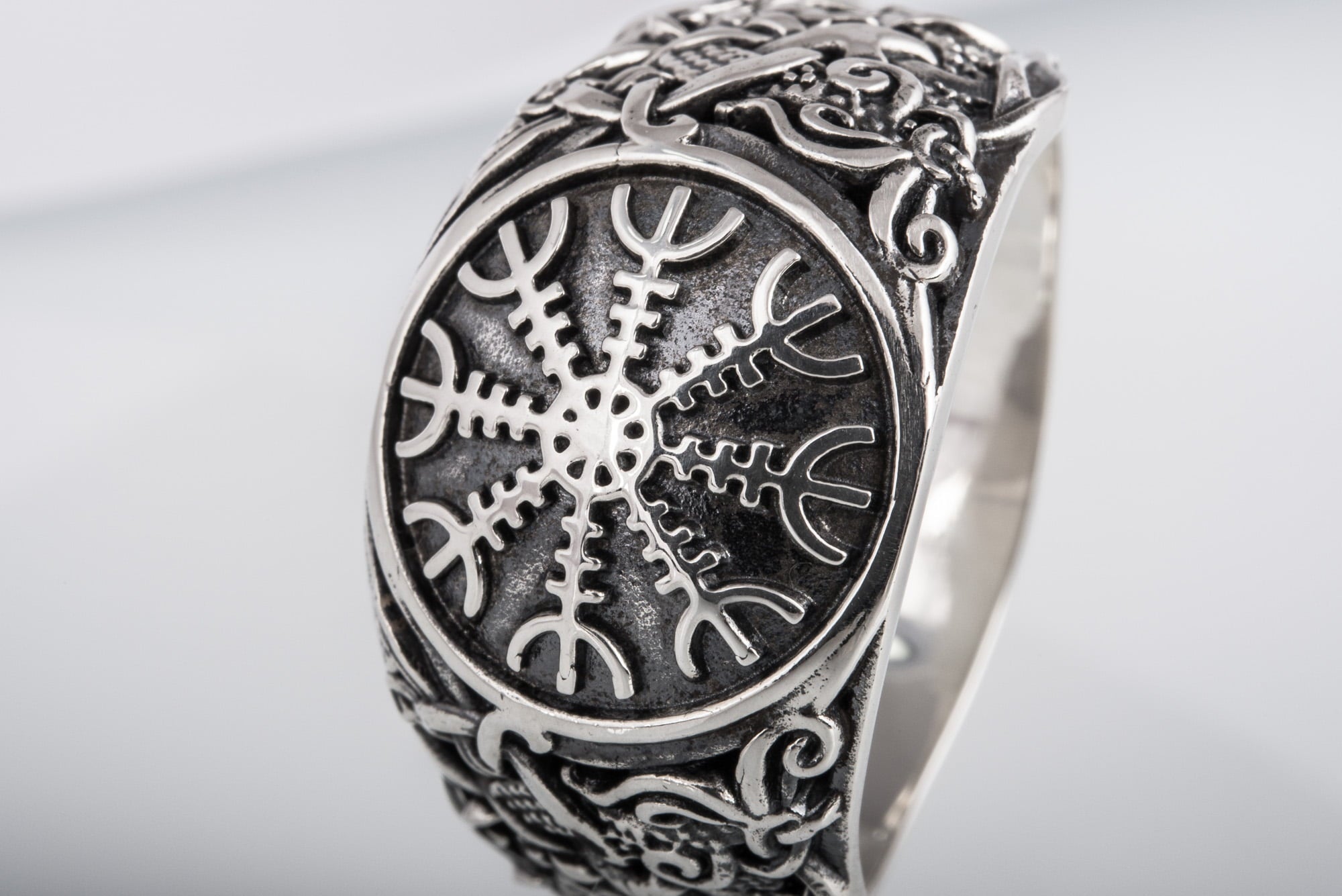 Helm of Awe Ring with Mammen Ornament Sterling Silver Viking Jewelry - vikingworkshop