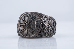 Vegvisir Symbol with Mammen Style Ruthenium Plated Sterling Silver Norse Ring - vikingworkshop