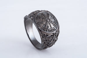 Vegvisir Symbol with Mammen Style Ruthenium Plated Sterling Silver Norse Ring - vikingworkshop