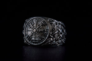 Vegvisir Symbol with Mammen Style Ruthenium Plated Sterling Silver Norse Ring - vikingworkshop