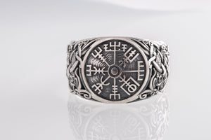Vegvisir Symbol with Mammen Style Sterling Silver Norse Ring - vikingworkshop