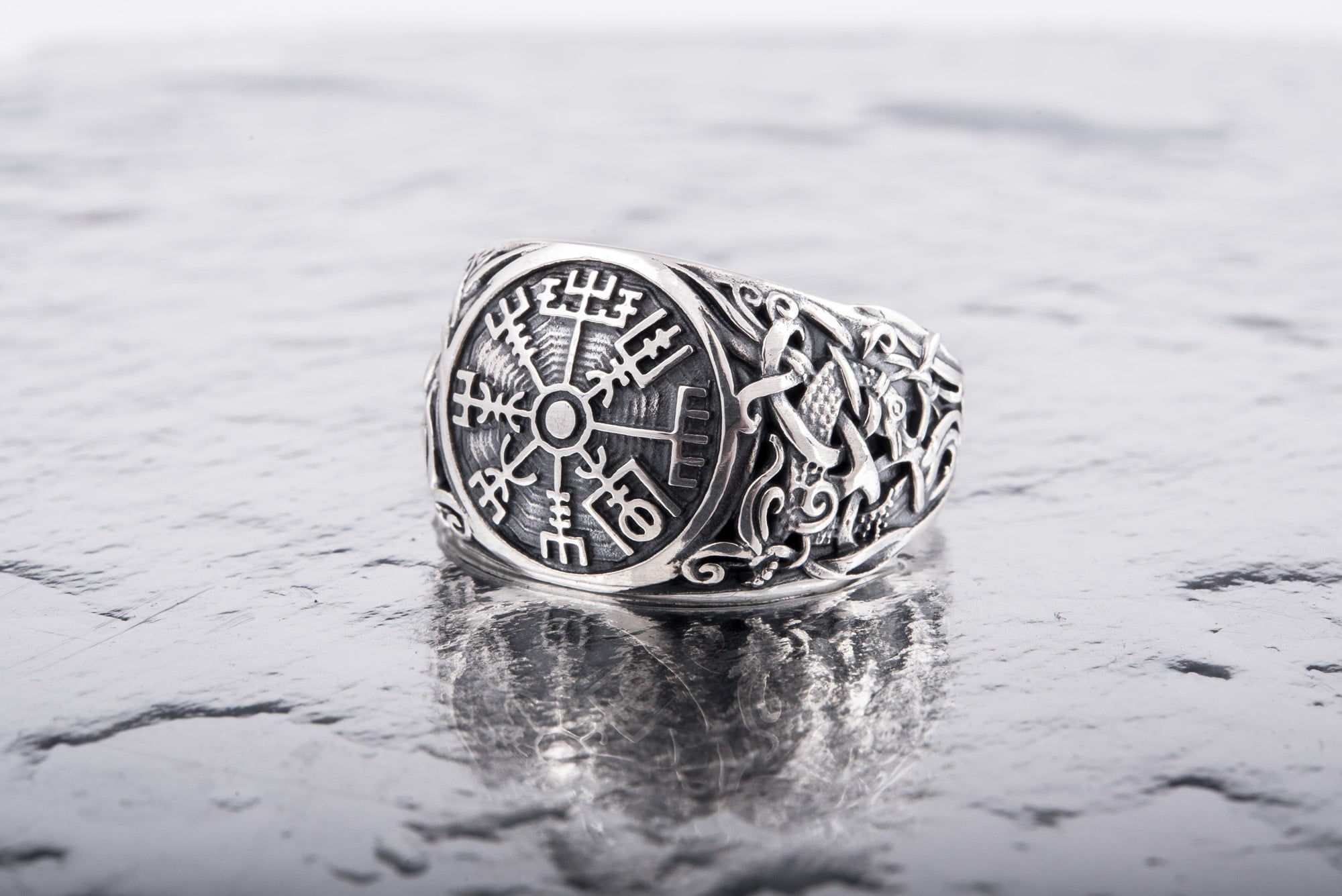 Vegvisir Symbol with Mammen Style Sterling Silver Norse Ring - vikingworkshop