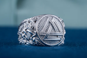 Valknut Ring with Mammen Ornament Palladium Plated Sterling Silver Viking Jewelry - vikingworkshop