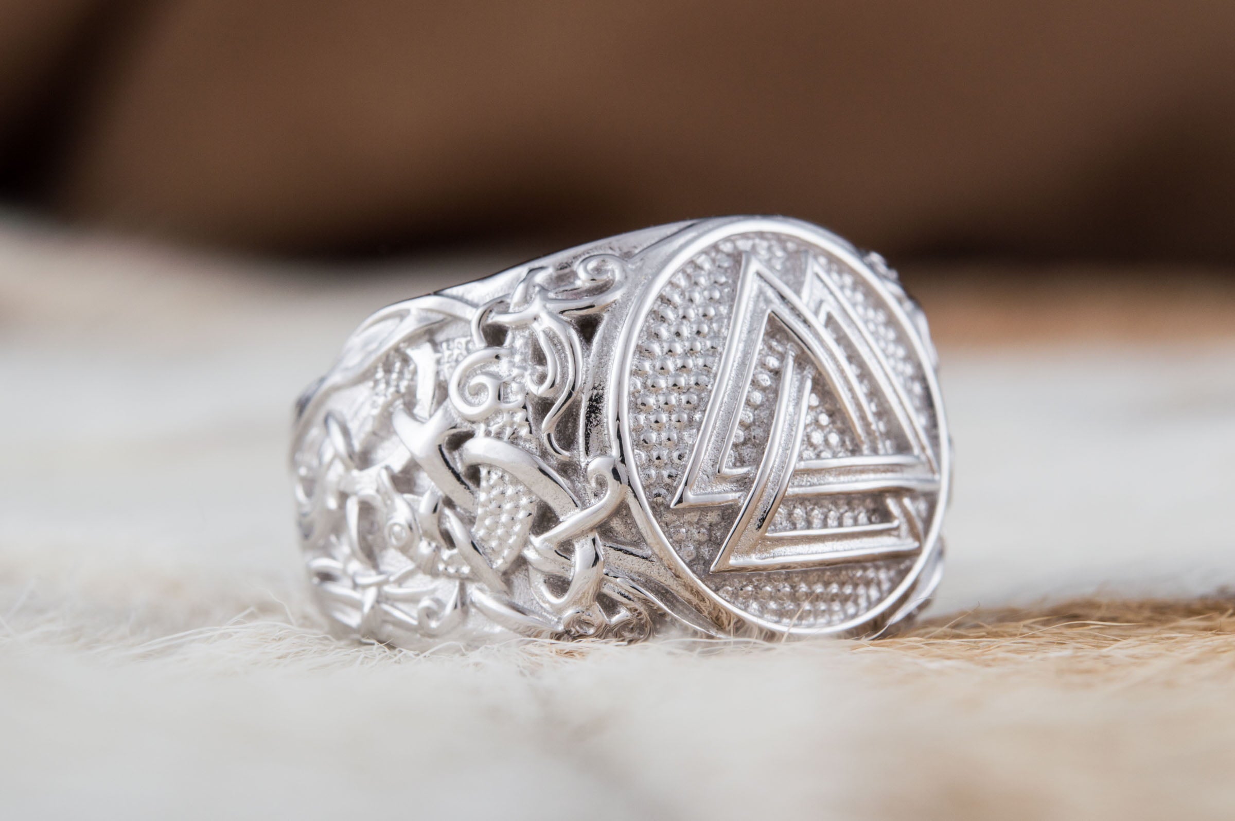 Valknut Ring with Mammen Ornament Palladium Plated Sterling Silver Viking Jewelry - vikingworkshop