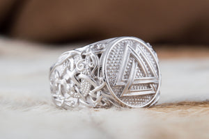 Valknut Ring with Mammen Ornament Palladium Plated Sterling Silver Viking Jewelry - vikingworkshop