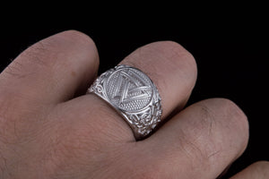 Valknut Ring with Mammen Ornament Palladium Plated Sterling Silver Viking Jewelry - vikingworkshop