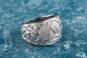 Valknut Ring with Mammen Ornament Palladium Plated Sterling Silver Viking Jewelry - vikingworkshop