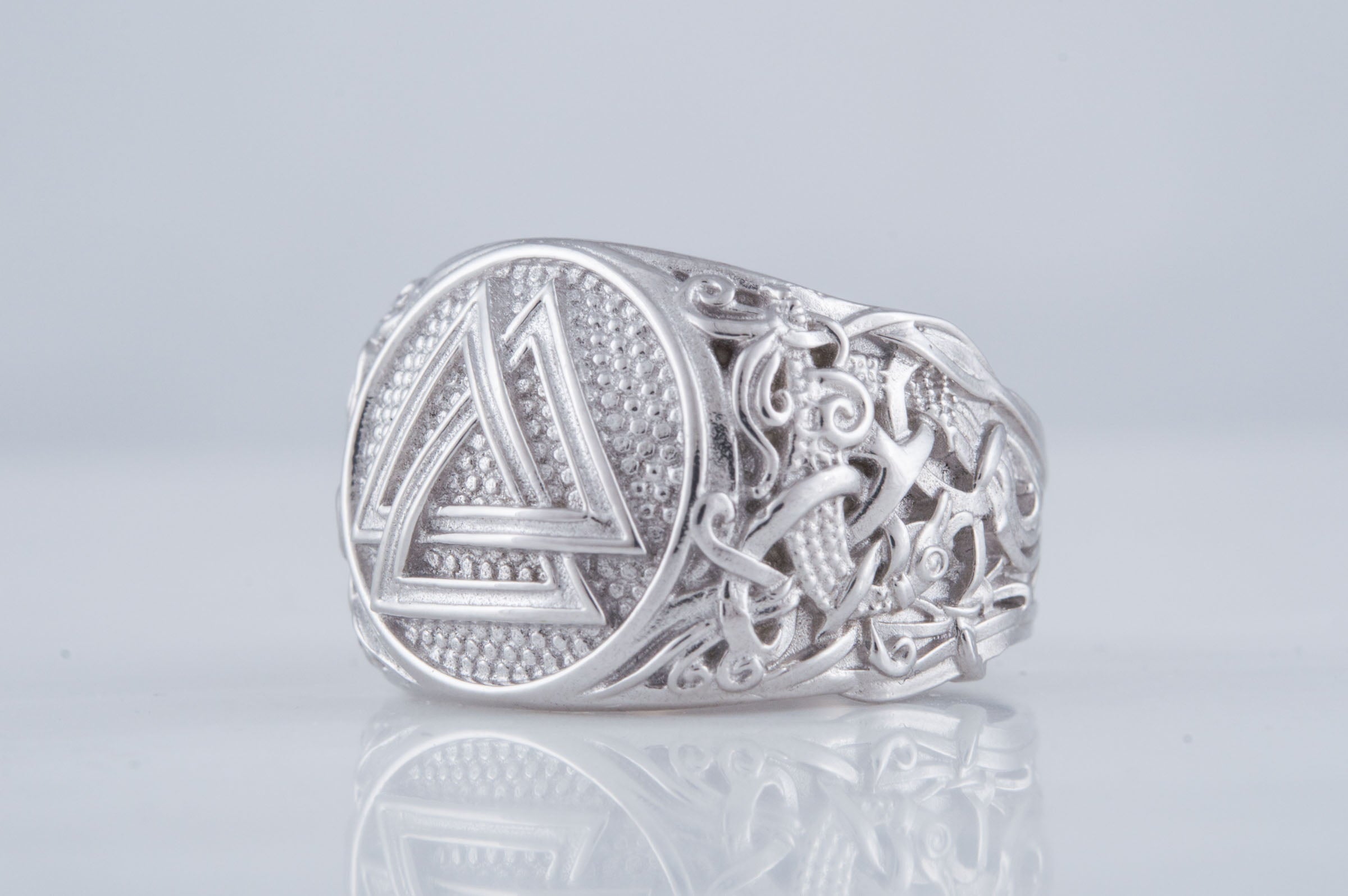 Valknut Ring with Mammen Ornament Palladium Plated Sterling Silver Viking Jewelry - vikingworkshop