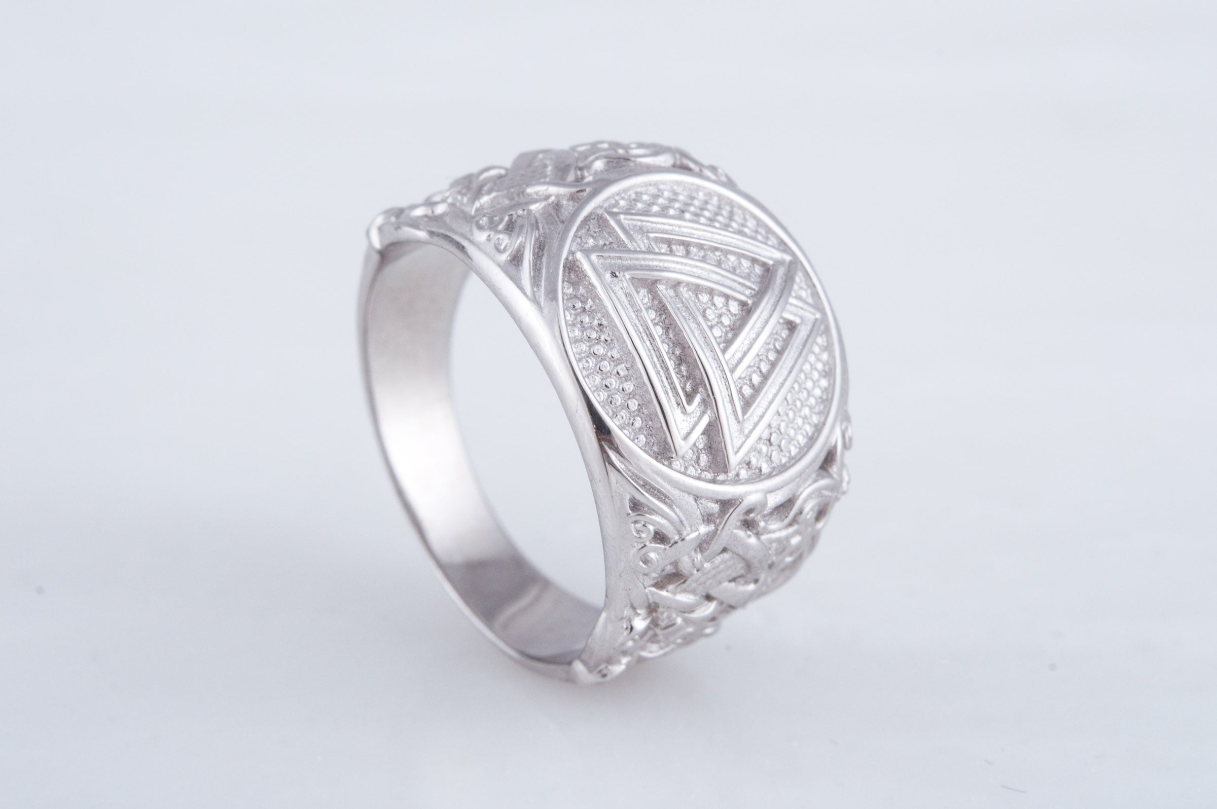 Valknut Ring with Mammen Ornament Palladium Plated Sterling Silver Viking Jewelry - vikingworkshop