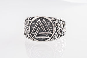 Valknut Ring with Mammen Ornament Sterling Silver Viking Jewelry - vikingworkshop