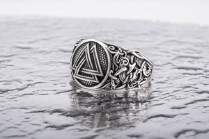 Valknut Ring with Mammen Ornament Sterling Silver Viking Jewelry - vikingworkshop