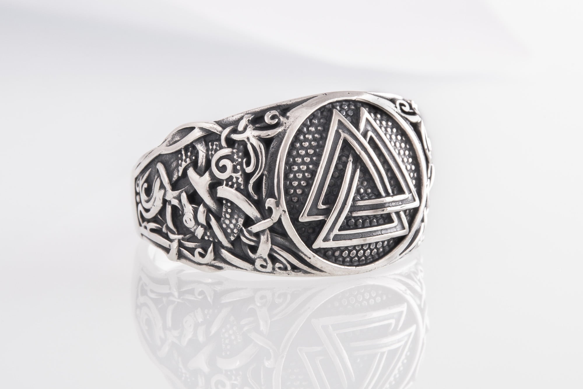 Valknut Ring with Mammen Ornament Sterling Silver Viking Jewelry - vikingworkshop