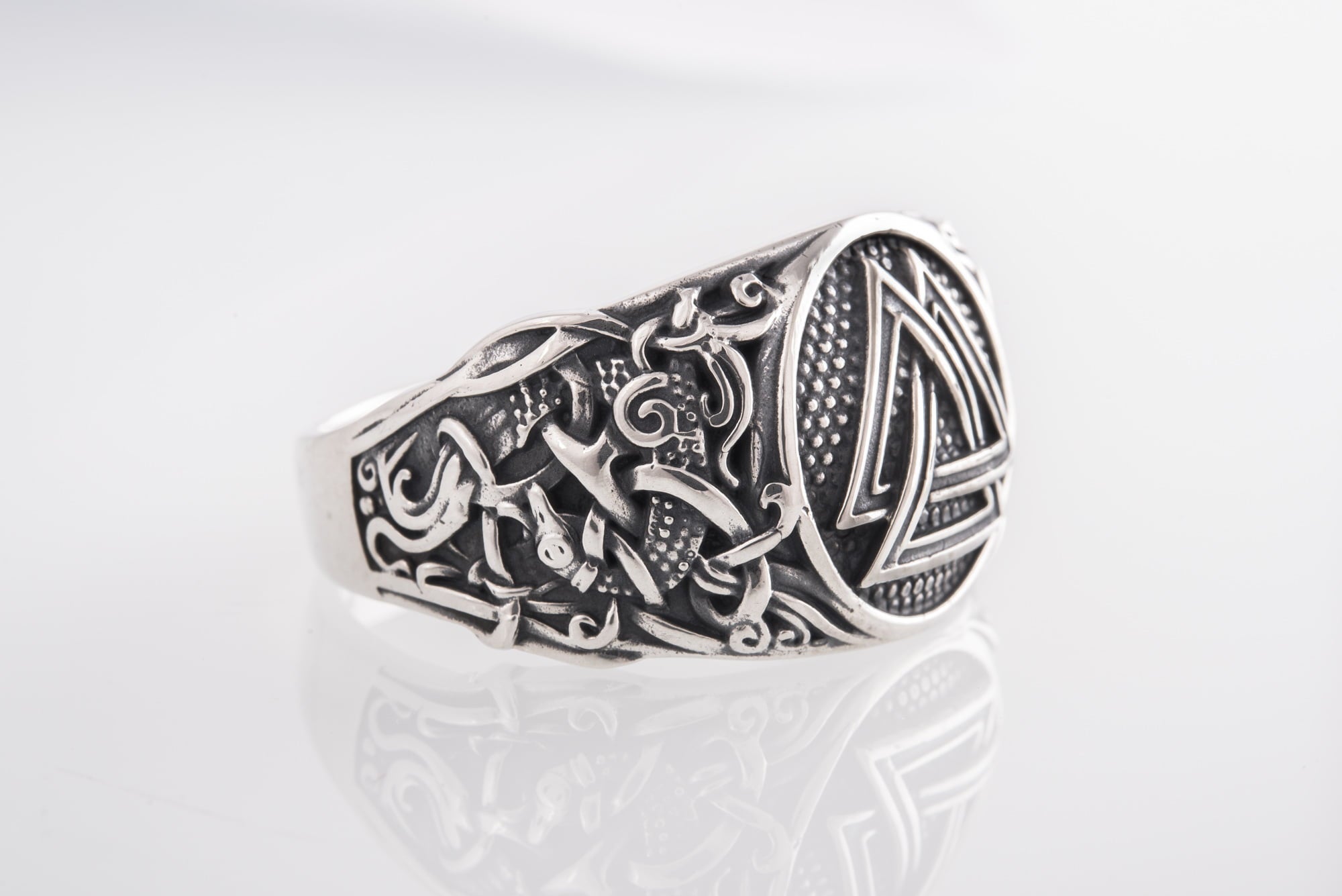 Valknut Ring with Mammen Ornament Sterling Silver Viking Jewelry - vikingworkshop